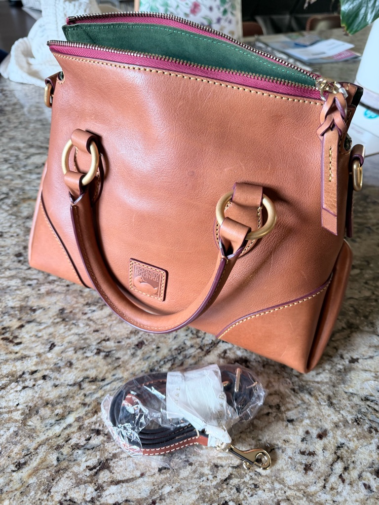 Dooney & Bourke Tan Leather Satchel With Green Interior And Pink Trim